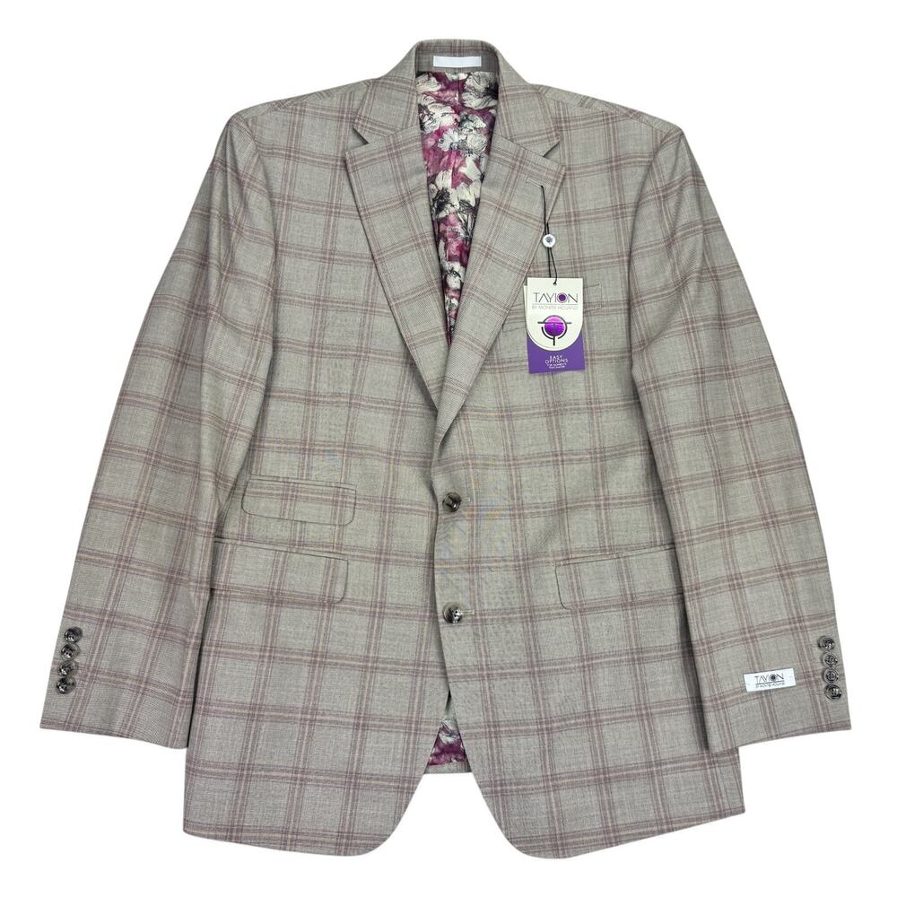Tayion Mens Agordy Regular Fit Plaid Suit Jacket Tan Red 40R
